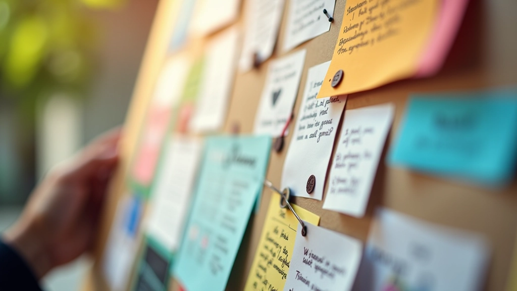 Vision board or goal visualization with photos, quotes, and visual elements arranged on board, inspirational display