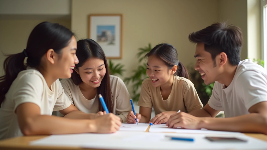 Family members working together on a project, collaborative setting, smiling and engaged