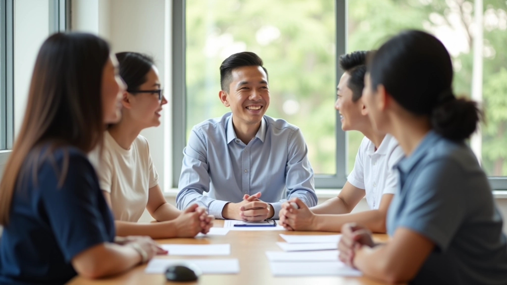 Group of people having an honest conversation around a table, warm lighting, diverse group smiling