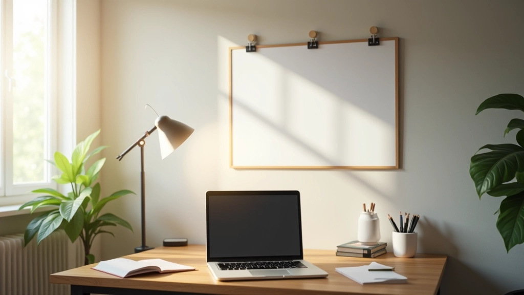 Modern home office workspace with vision board displayed prominently above wooden desk