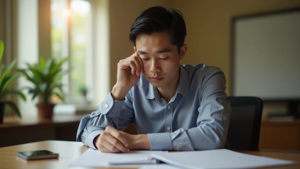 Person thinking while looking at notes and planning materials on desk