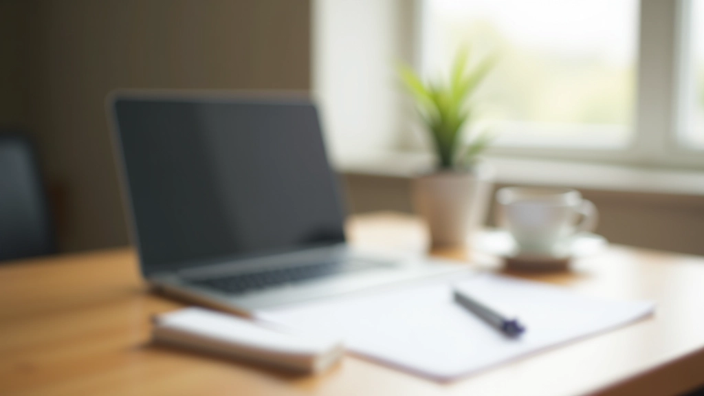 Professional workspace with planning materials, laptop, and notebook on wooden desk