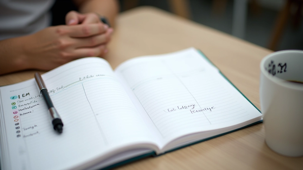 Monthly planner open showing dates and small checkmarks, pen resting on page with highlighted milestones