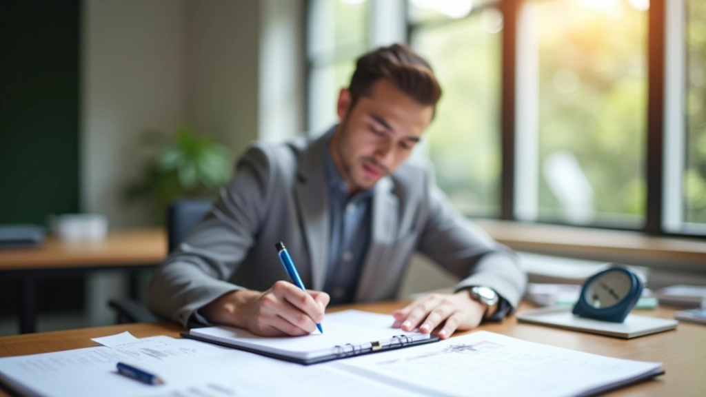 Person writing in planner at desk with calendar visible, pen in hand, organized workspace, morning natural light