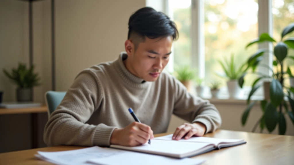 Person writing specific goal in notebook at wooden desk, morning light streaming through window, clear focus on pen and paper