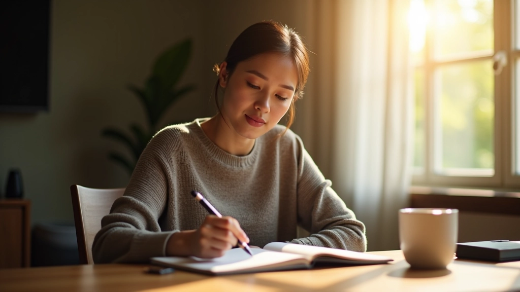 Person sitting at wooden desk with journal and morning coffee, thoughtful expression, natural window light, quiet workspace