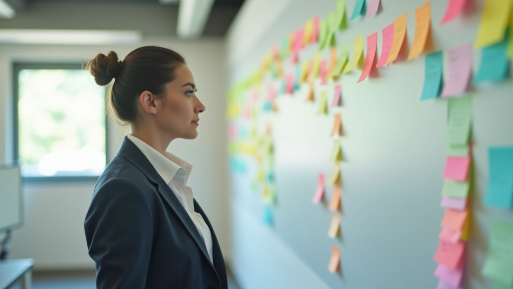 Person pointing at wall with goals written on sticky notes, collaborative workspace, natural lighting