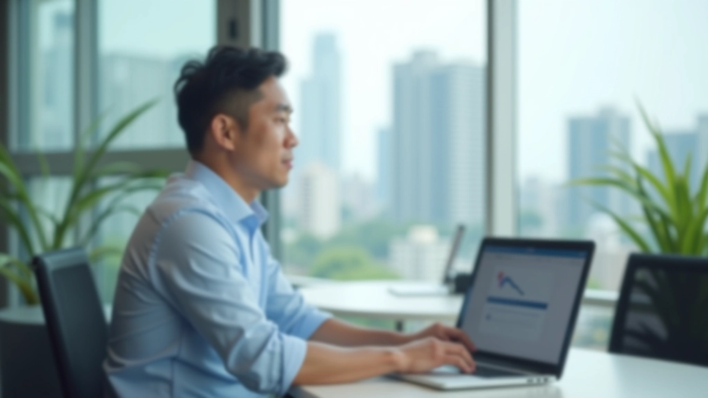 Professional sitting at desk looking thoughtfully out window, modern office space with city view