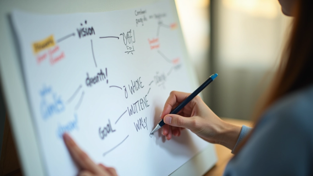 Close-up of hand writing notes and updating goals on a vision board with pen