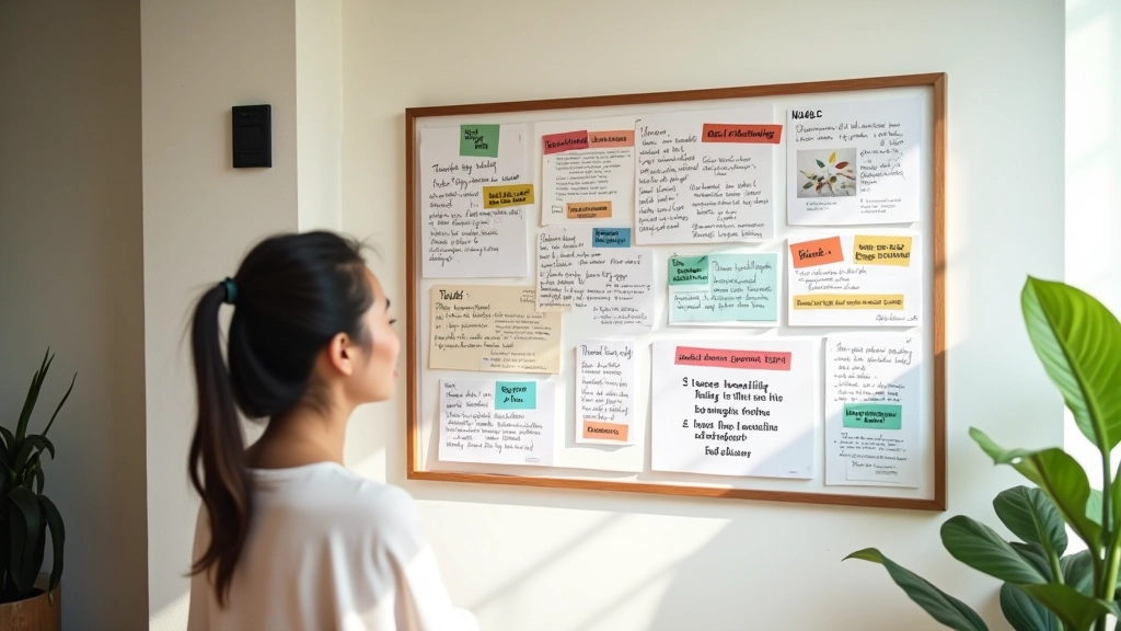 Colorful vision board with cutout images, written goals, and inspirational phrases arranged on cork board