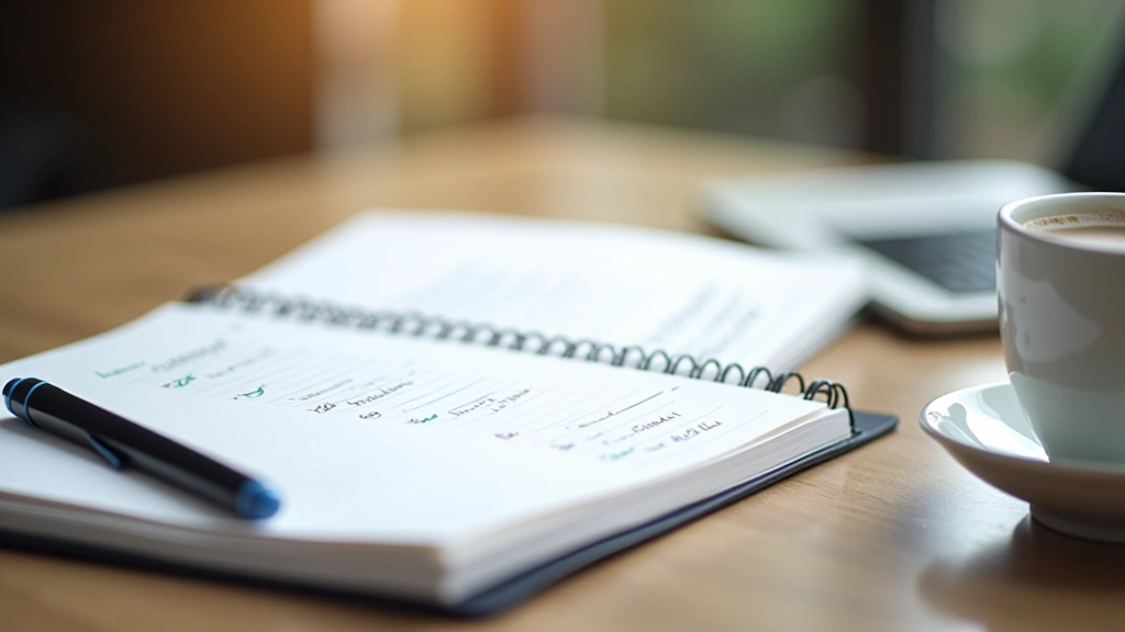 Weekly planner open with handwritten notes and checkmarks on weekly goals, coffee cup on desk beside it, morning workspace