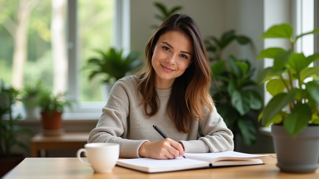 Woman writing in a notebook at a wooden desk with morning coffee and plants nearby, natural light from window