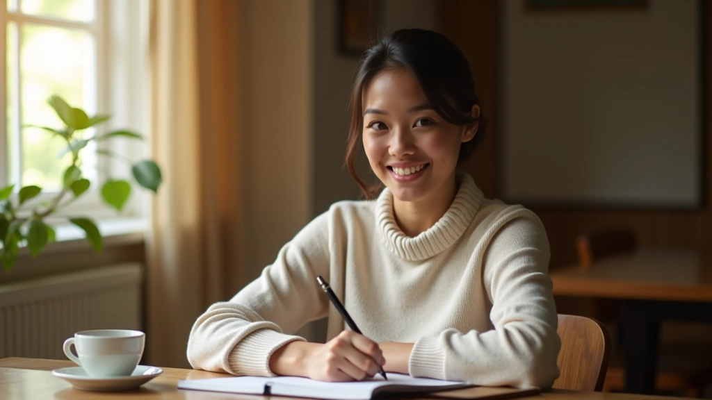 Woman writing in journal with coffee nearby, bright workspace, natural morning light, focused expression
